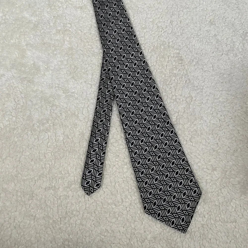 Oscar de la Renta Silk Neck Tie Geometric Print Black White Purple